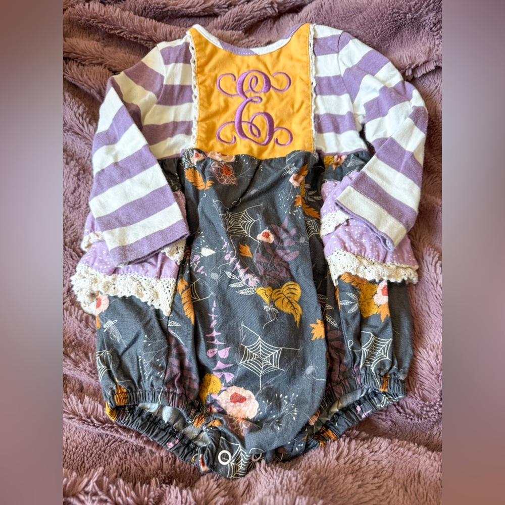Ric Rac and Ruffles Embroidered “E” Halloween/ fall romper